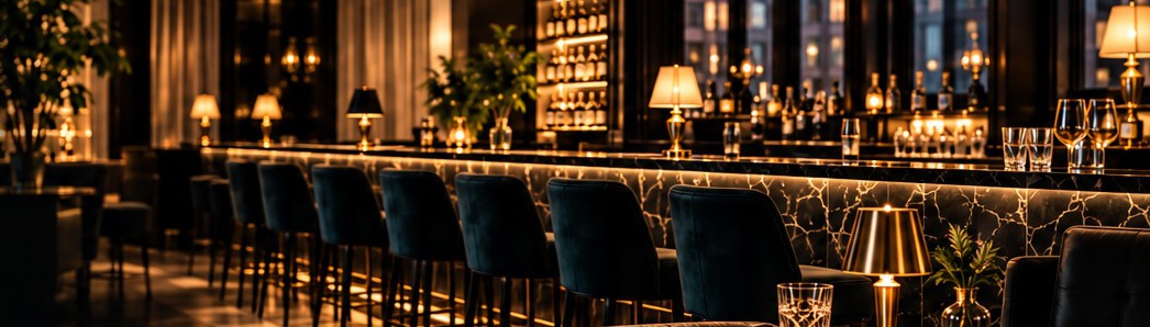 Luxury bar with marble counter and velvet stools