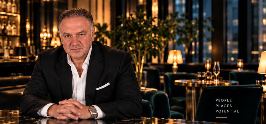 Goran Grozdanovski seated at a marble table in a luxury bar
