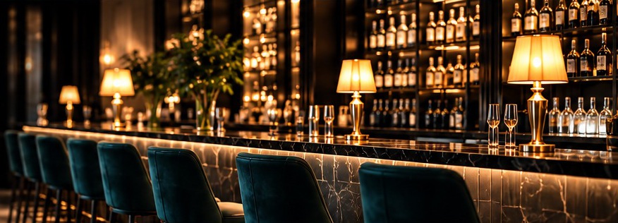 Luxury bar with velvet stools and backlit bottles